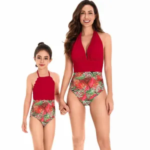 Elegant Tropical High-Waisted Swimsuit Set for Mother and Daughter  Radiant Red Halter Neck Design