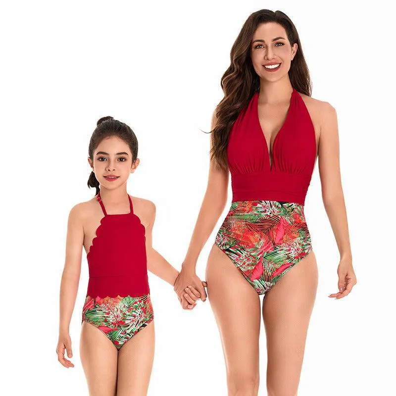 Elegant Tropical High-Waisted Swimsuit Set for Mother and Daughter  Radiant Red Halter Neck Design