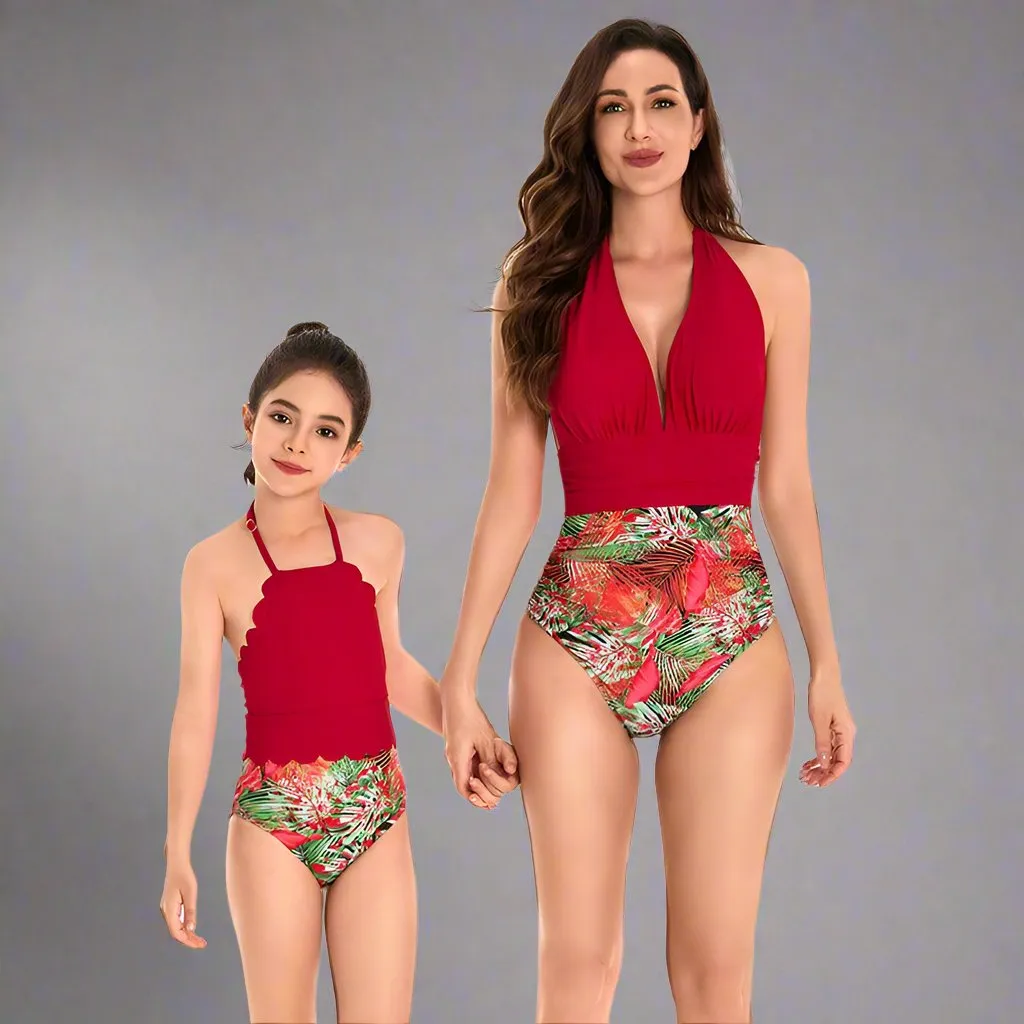 Elegant Tropical High-Waisted Swimsuit Set for Mother and Daughter  Radiant Red Halter Neck Design