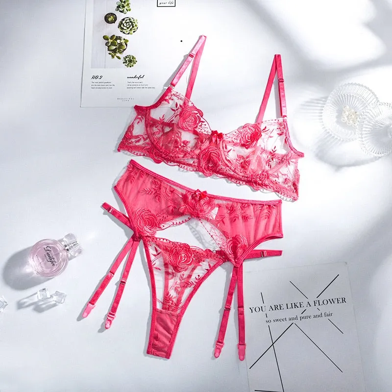 Embroidered Flower Lingerie Set