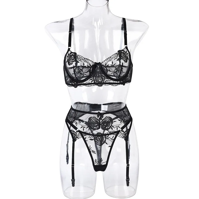 Embroidered Flower Lingerie Set