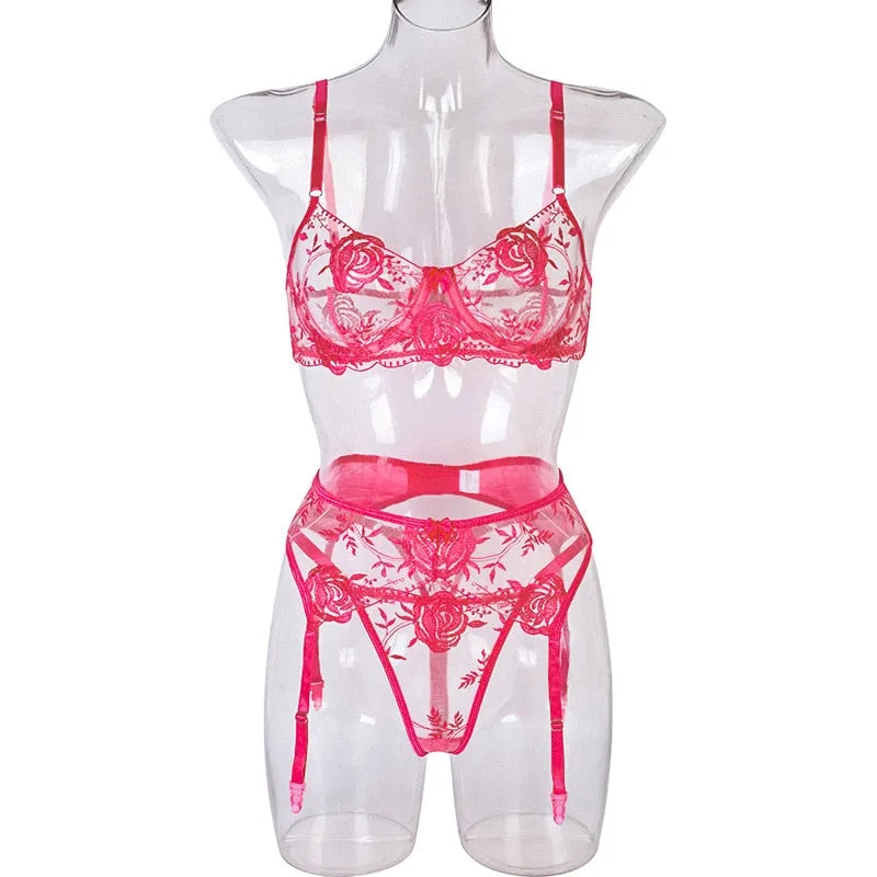 Embroidered Flower Lingerie Set