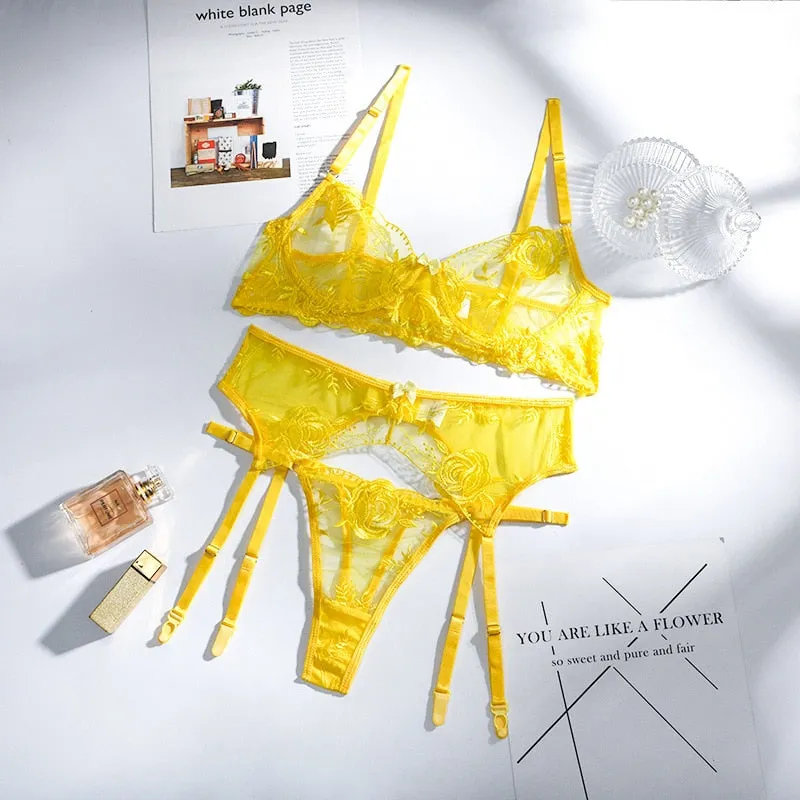 Embroidered Flower Lingerie Set