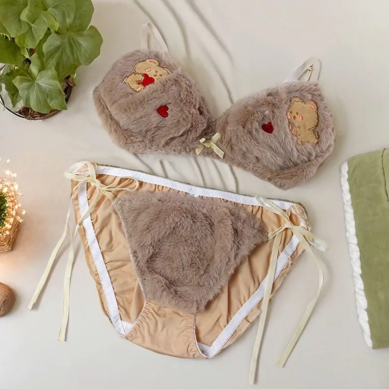Embroidered Teddy Fur Lingerie Set
