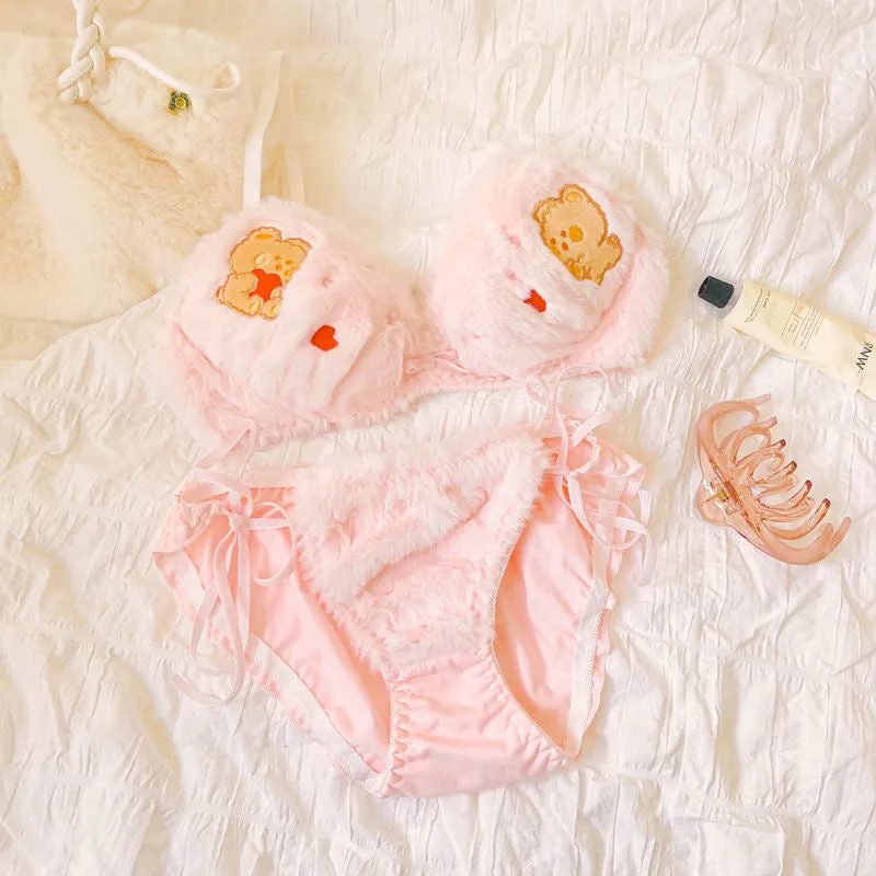 Embroidered Teddy Fur Lingerie Set