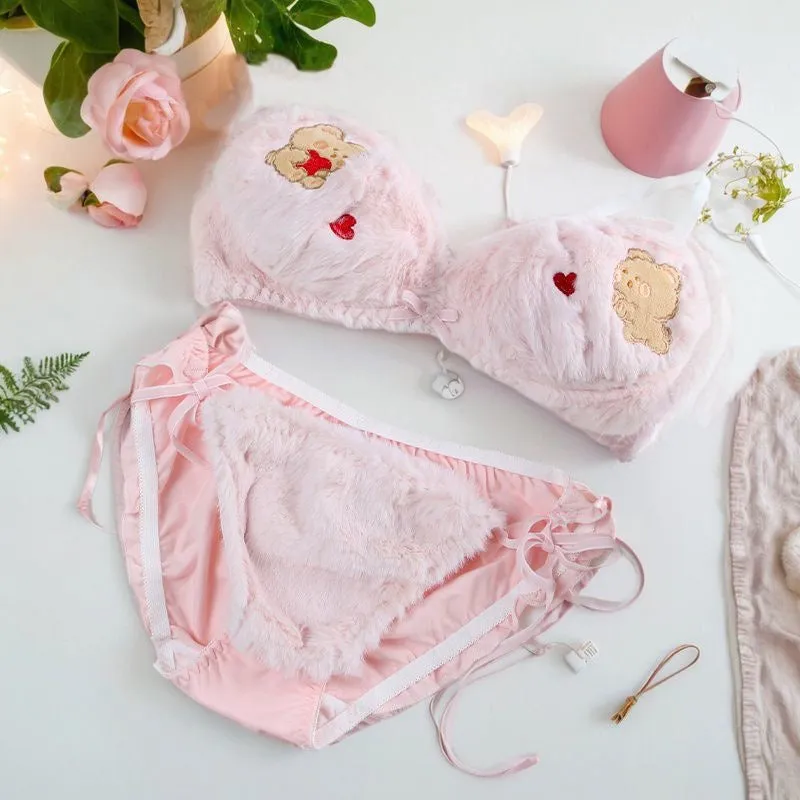 Embroidered Teddy Fur Lingerie Set