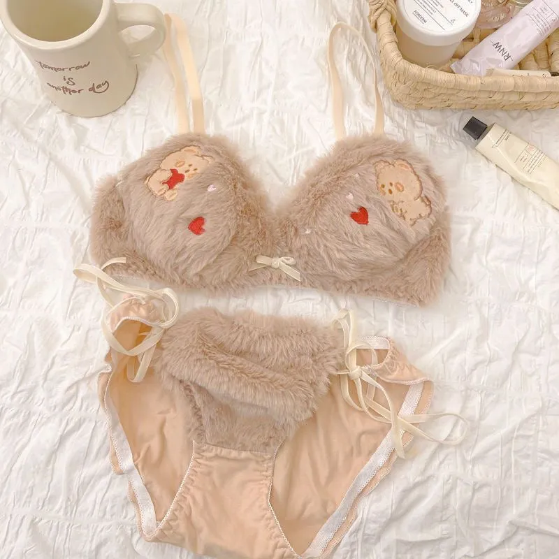 Embroidered Teddy Fur Lingerie Set