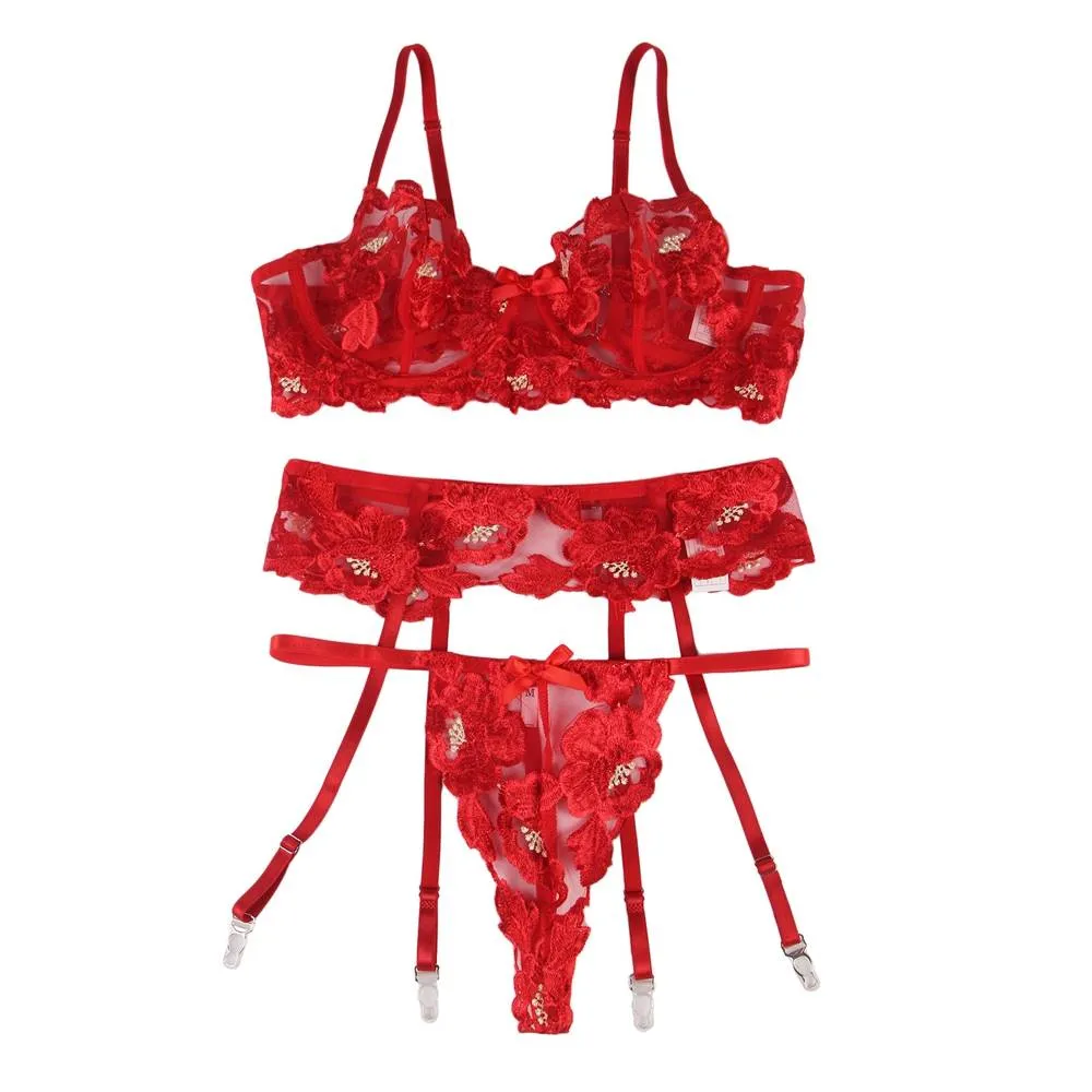 Floral Embroidery Underwire Garter Lingerie Egypt Set