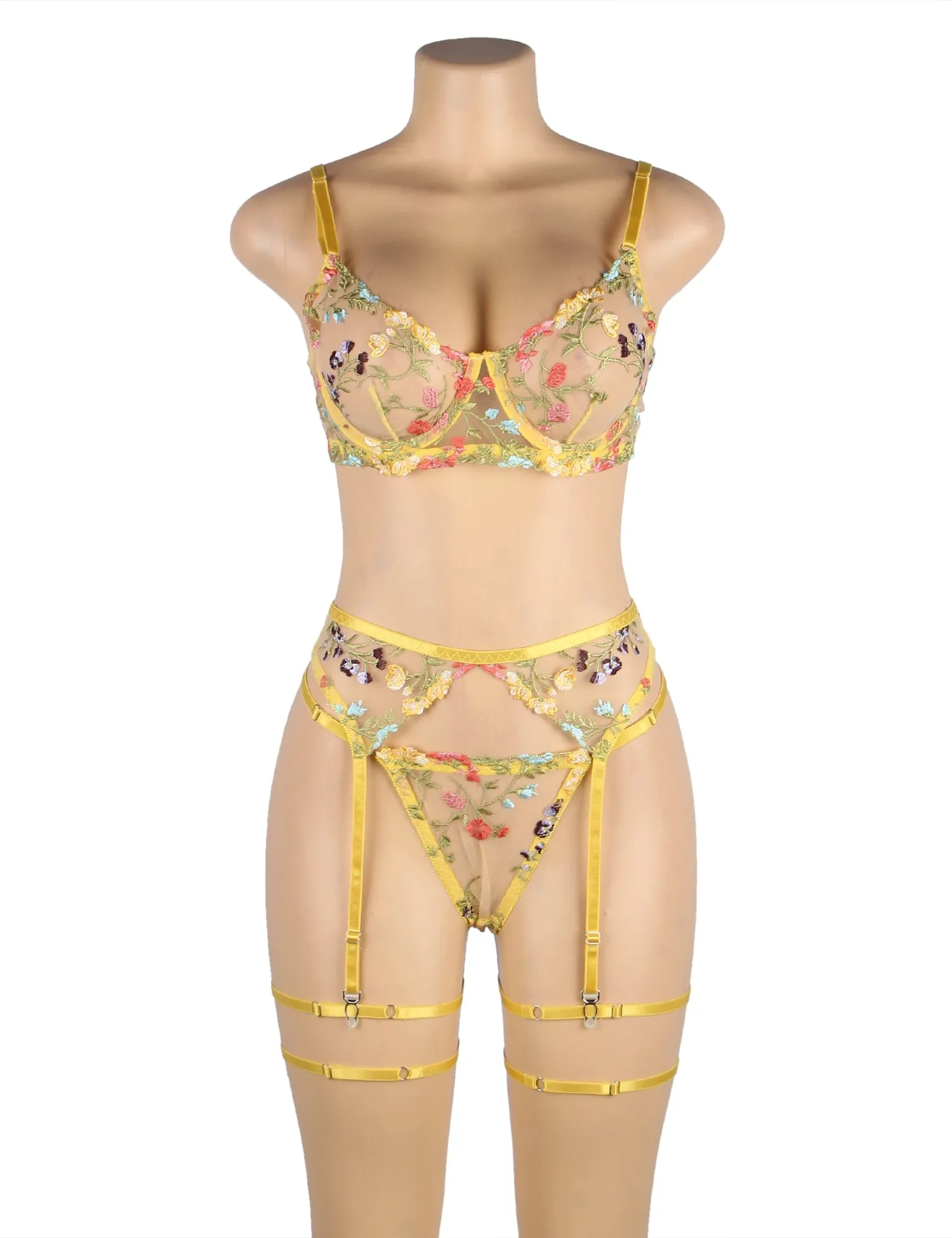 Floral Embroidery Underwire Garter Lingerie Set