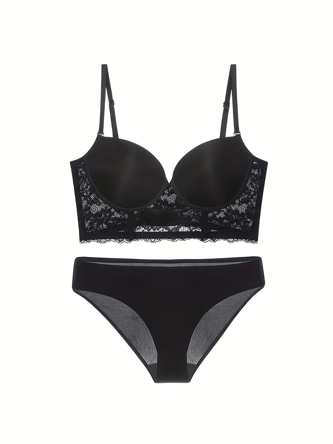 Floral Lace Bra Set - Push Up Lingerie & Panties