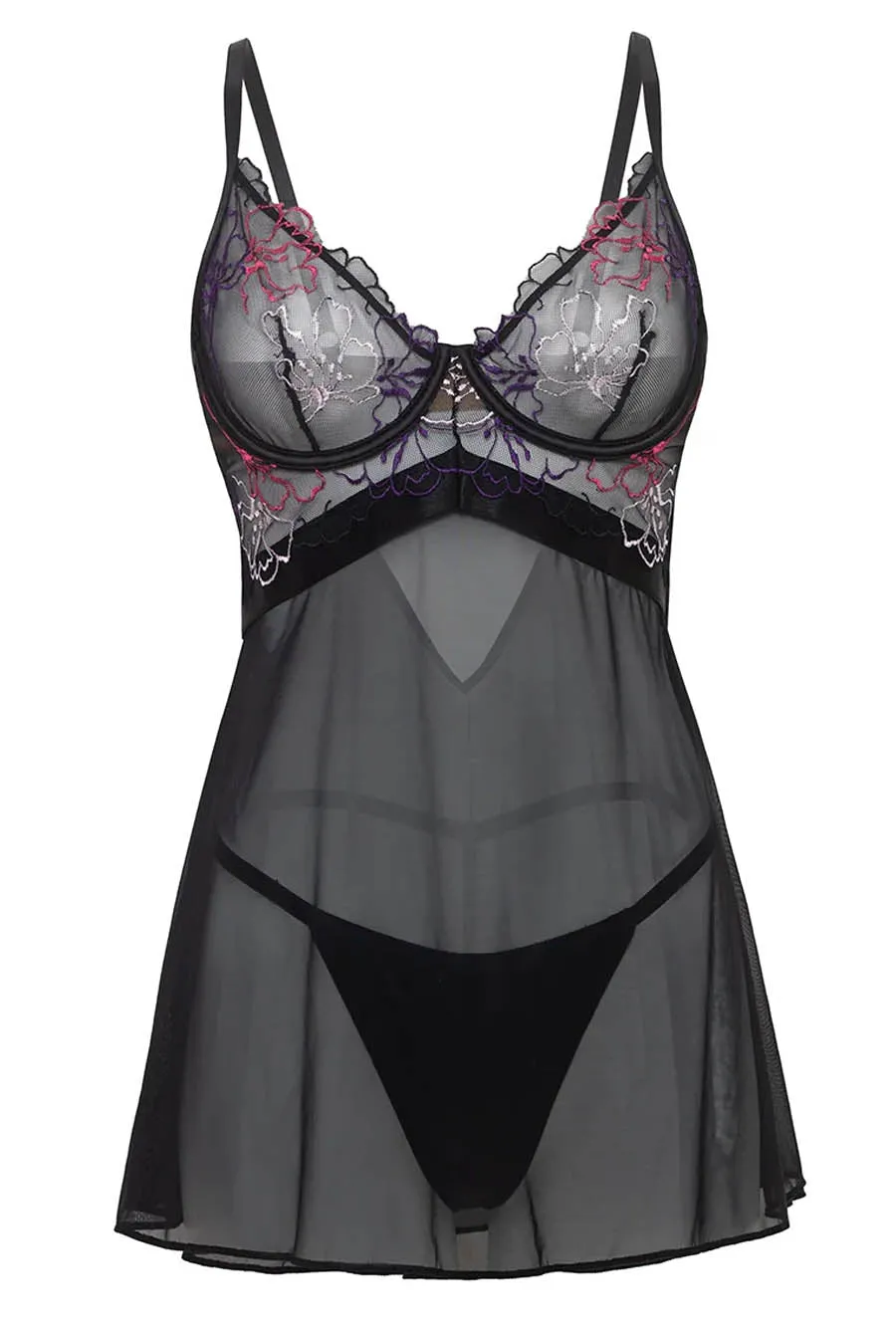 Floral Sheer Mesh & Lace Women's Babydoll Set