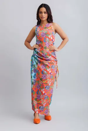 Flower Printed Color Block Ruched Dress