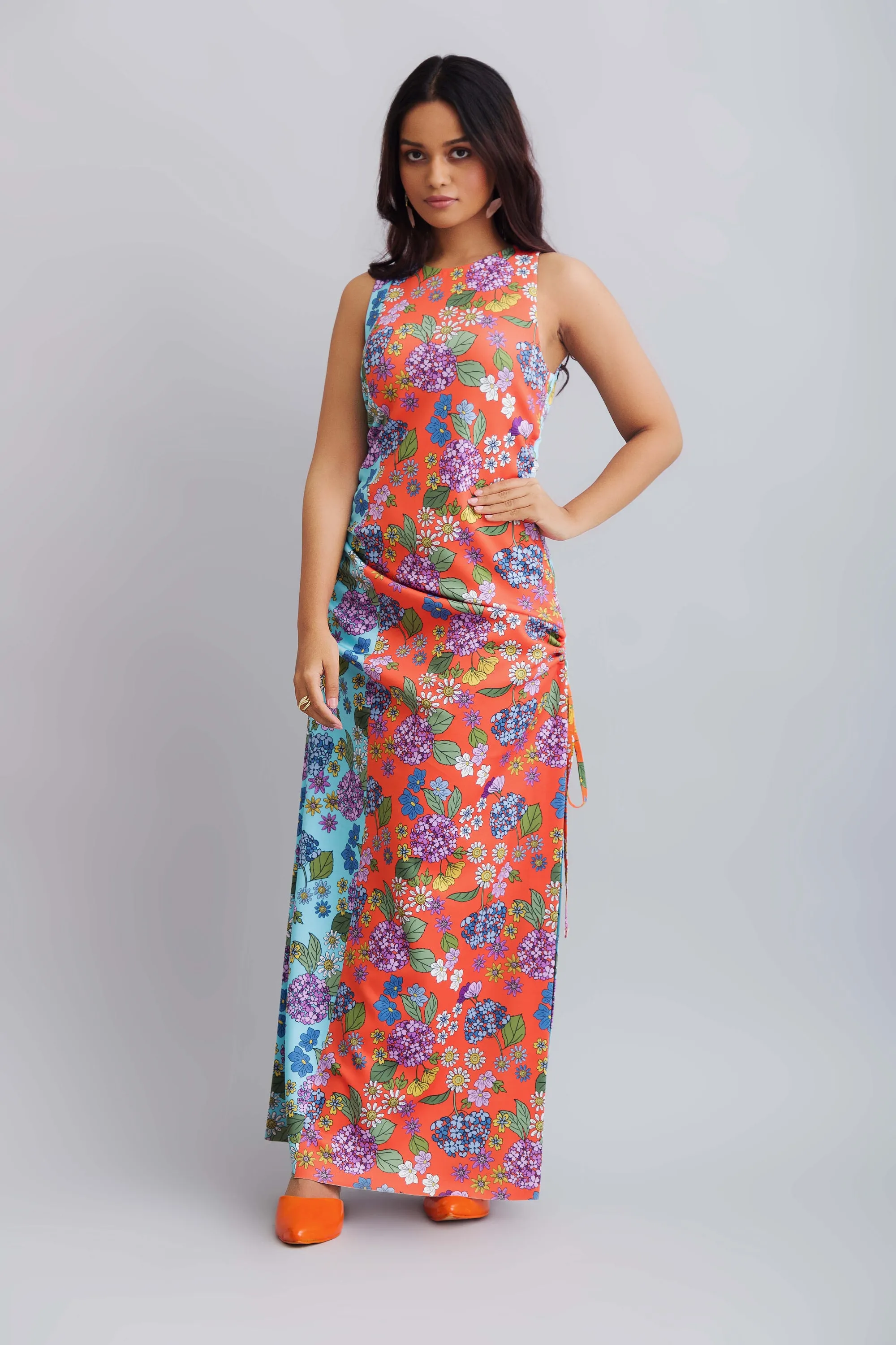 Flower Printed Color Block Ruched Dress