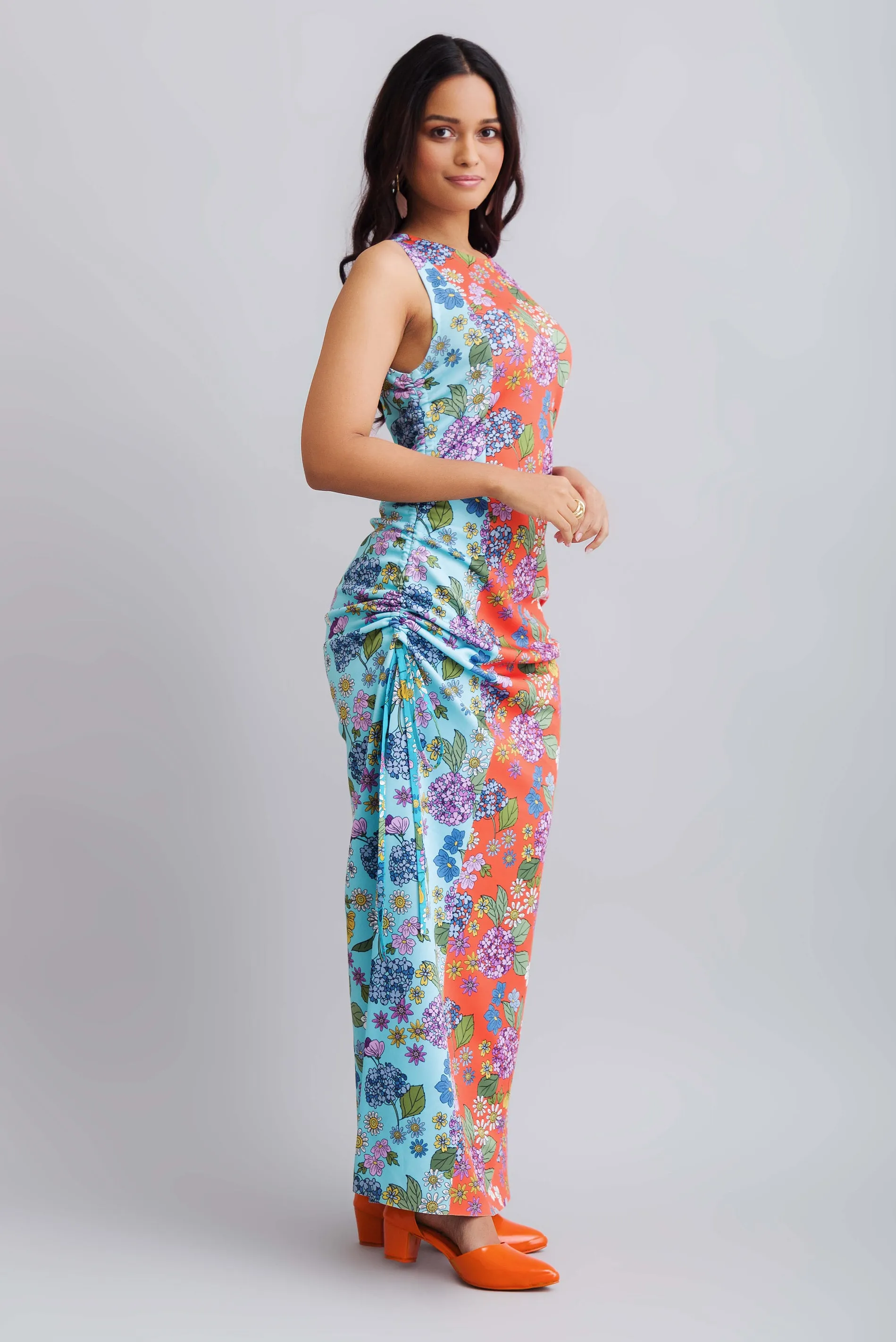 Flower Printed Color Block Ruched Dress