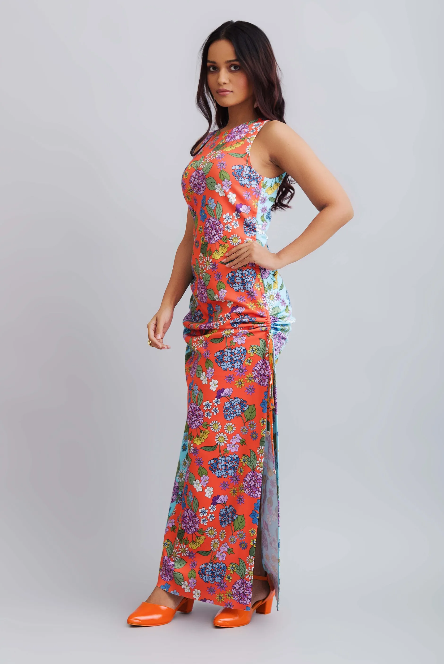 Flower Printed Color Block Ruched Dress