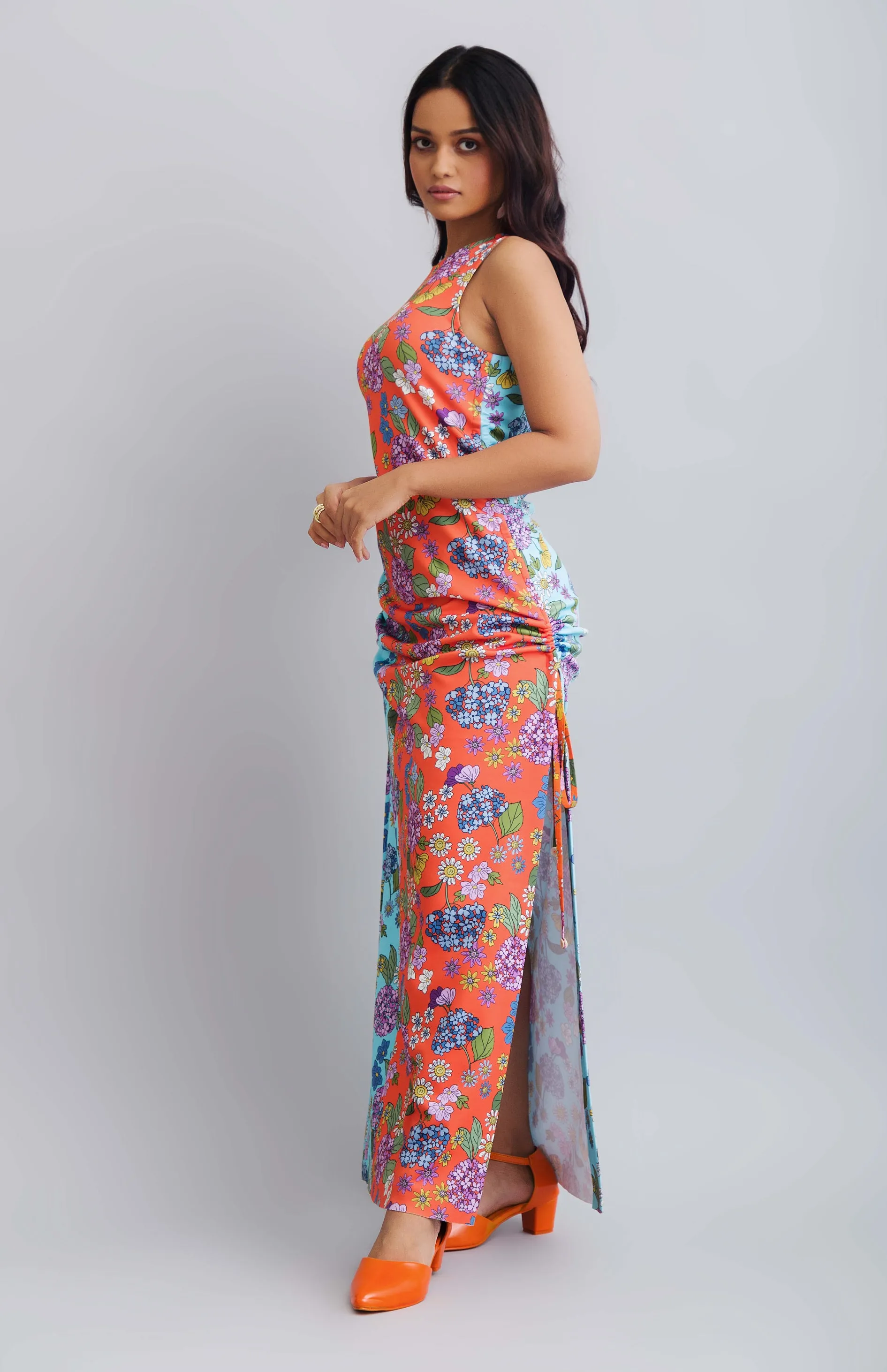 Flower Printed Color Block Ruched Dress