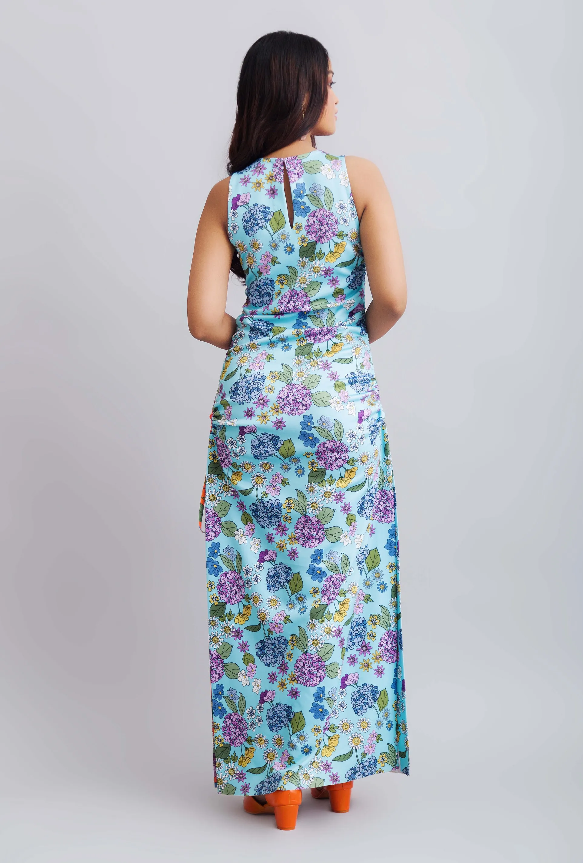 Flower Printed Color Block Ruched Dress