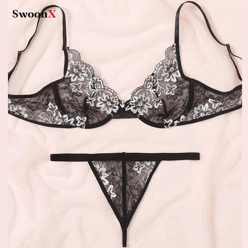 French-Inspired Black Lace Cutout Lingerie Set with Underwire