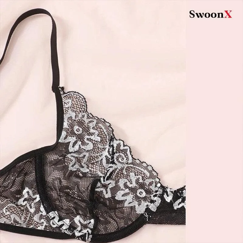 French-Inspired Black Lace Cutout Lingerie Set with Underwire