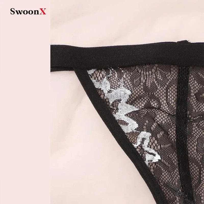 French-Inspired Black Lace Cutout Lingerie Set with Underwire