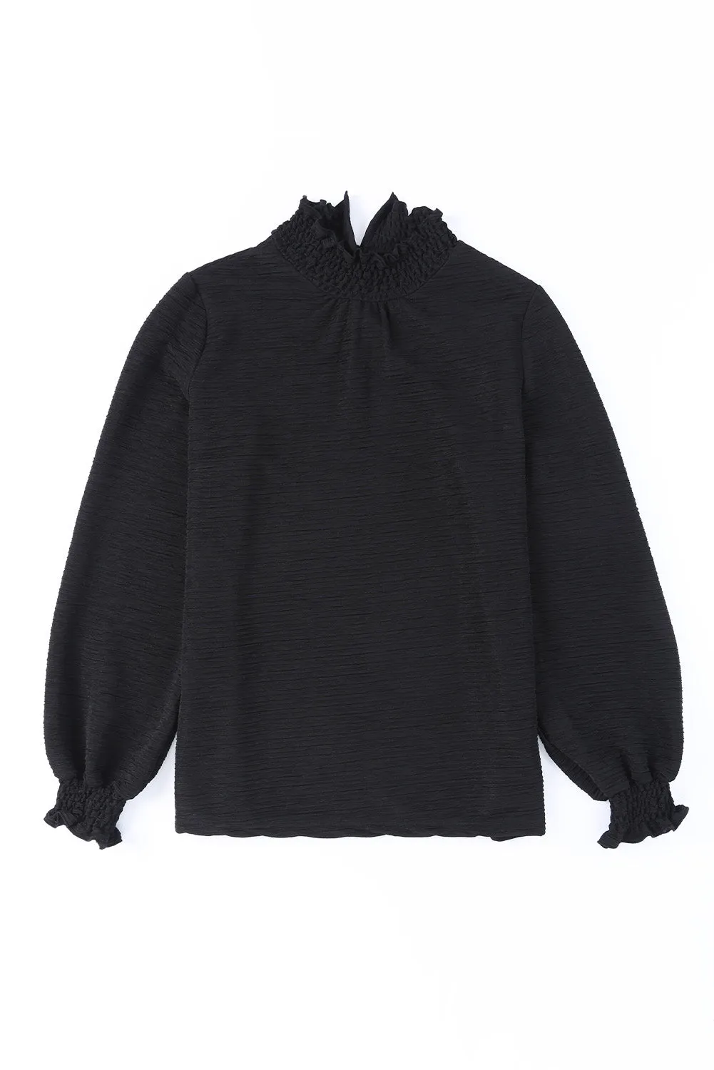 Frilled Smocked Neck Textured Bishop Sleeve Blouse