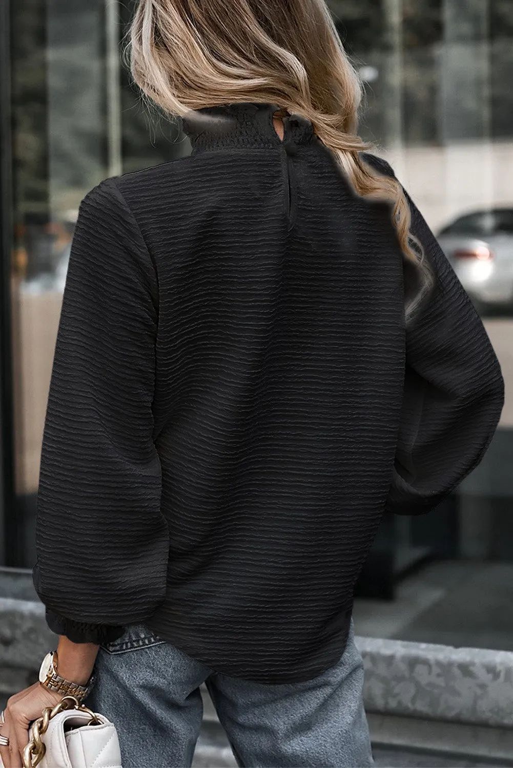 Frilled Smocked Neck Textured Bishop Sleeve Blouse