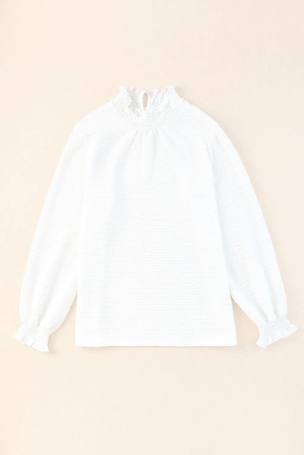 Frilled Smocked Neck Textured Bishop Sleeve Blouse