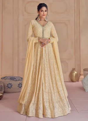 Gold Colour Ensembled Lucknowi Embroidered Sharara Flare Anarkali