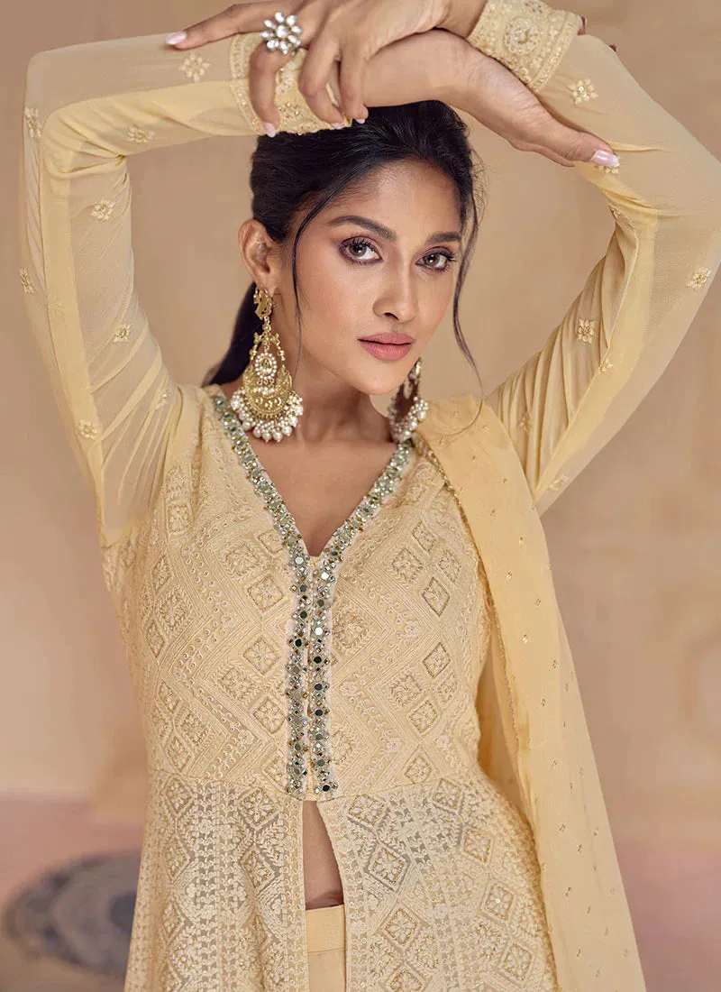 Gold Colour Ensembled Lucknowi Embroidered Sharara Flare Anarkali