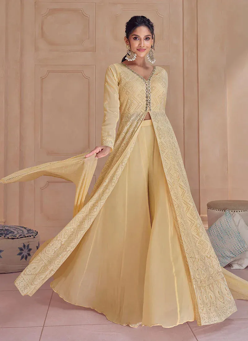 Gold Colour Ensembled Lucknowi Embroidered Sharara Flare Anarkali