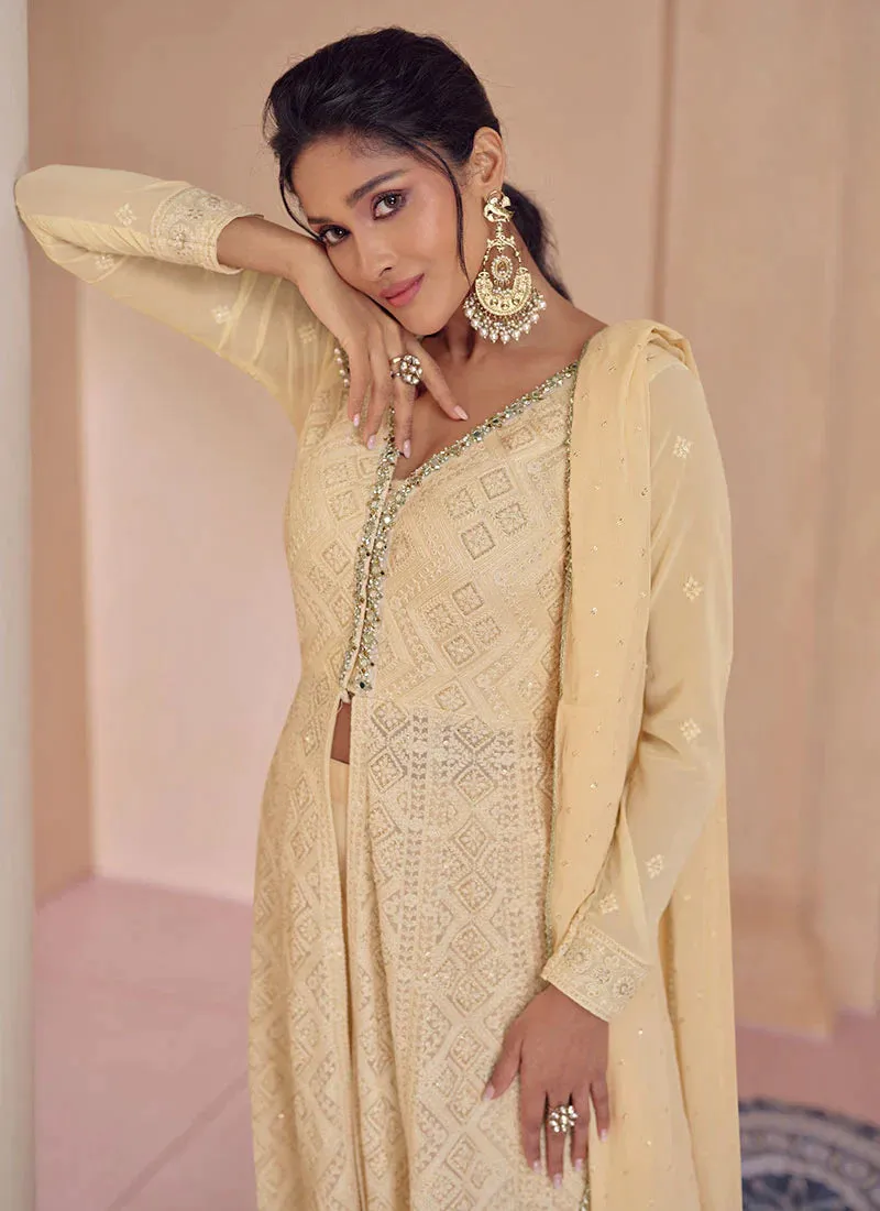 Gold Colour Ensembled Lucknowi Embroidered Sharara Flare Anarkali