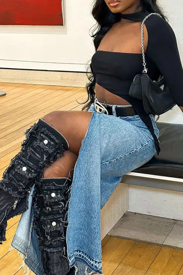 Goosudu Solid Color Modern High Split Denim Skirt