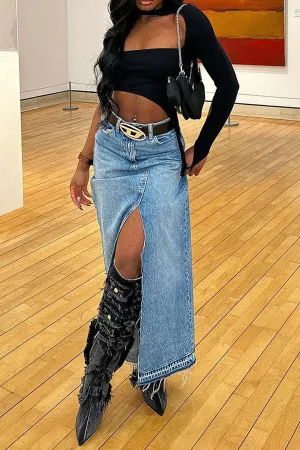 Goosudu Solid Color Modern High Split Denim Skirt