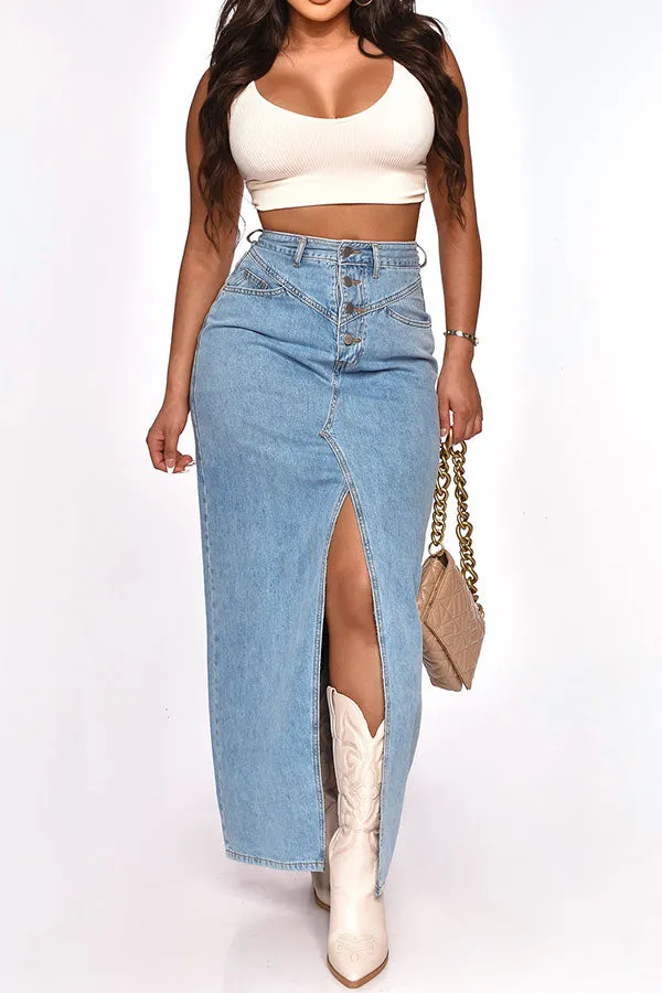 Goosudu Solid Color Modern High Split Denim Skirt