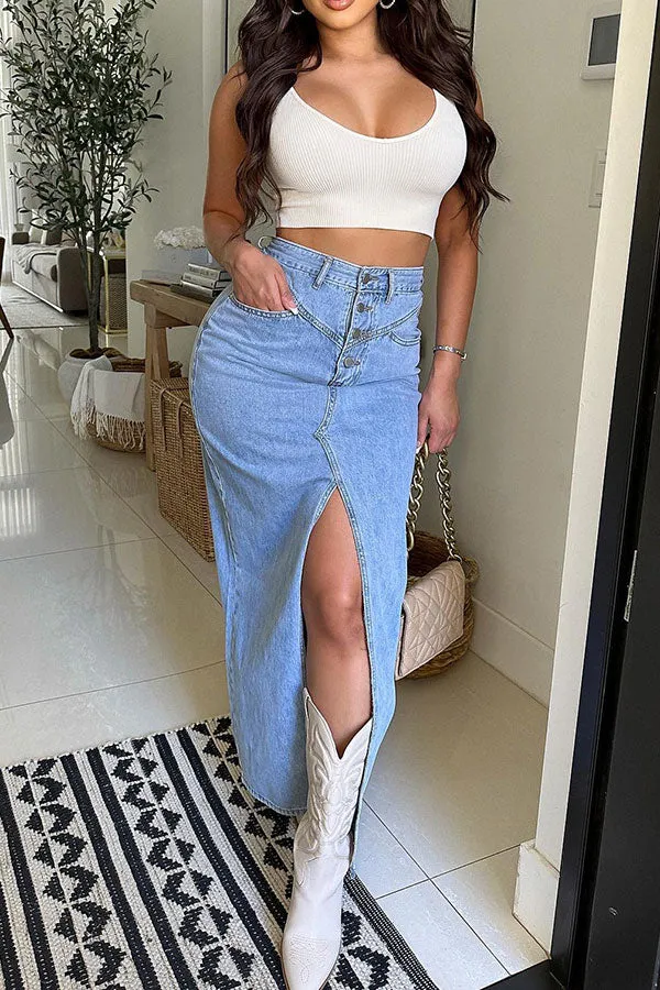 Goosudu Solid Color Modern High Split Denim Skirt