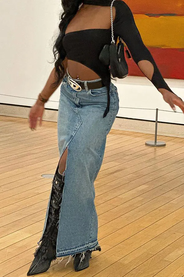 Goosudu Solid Color Modern High Split Denim Skirt