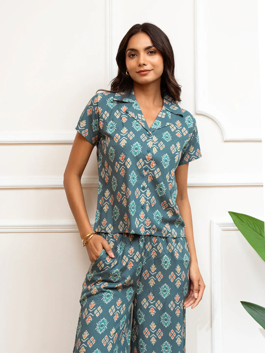 Green Abstract Printed Viscose Rayon Co-ord Set for Women | S-XL | Claura