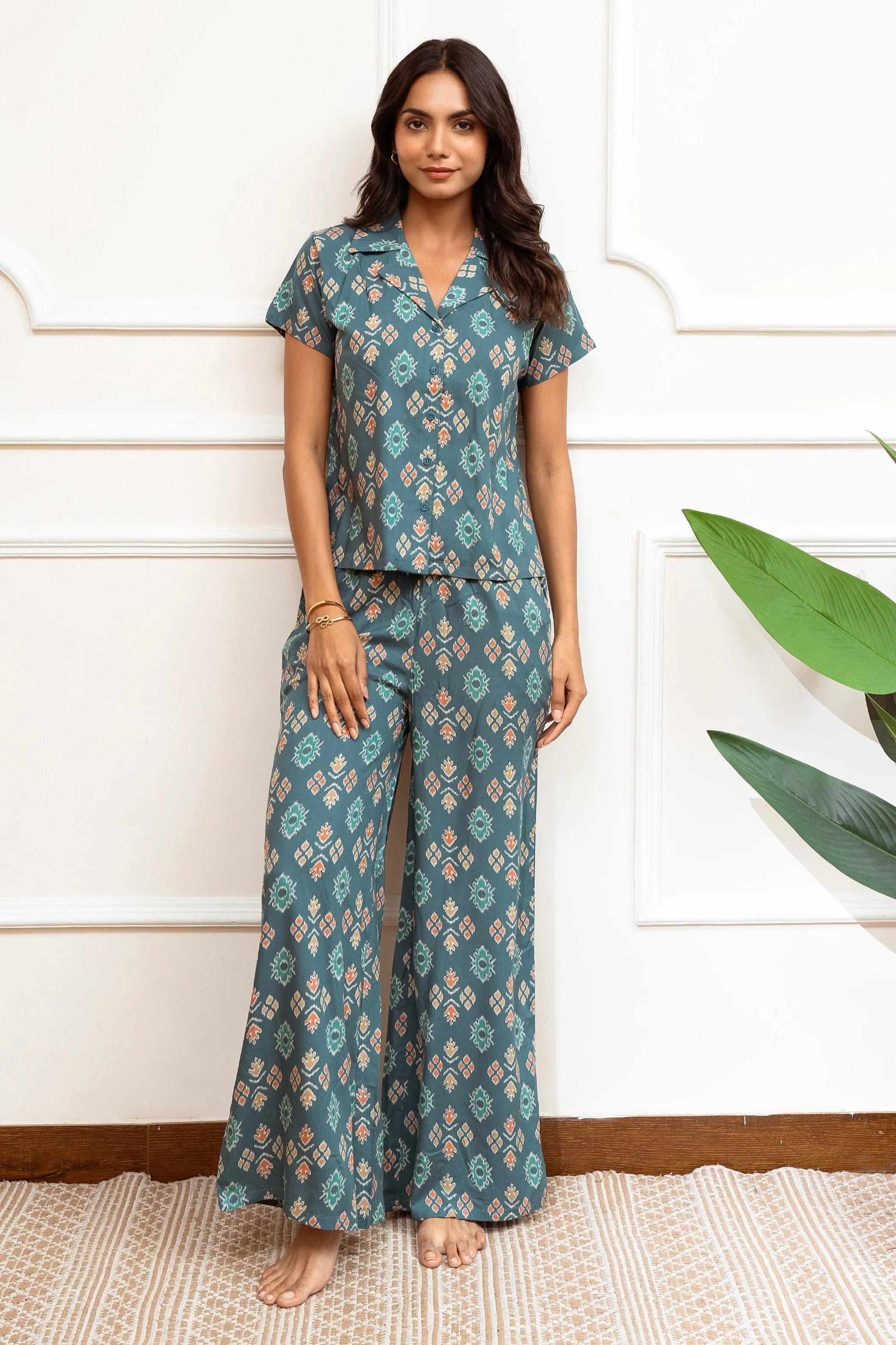 Green Abstract Printed Viscose Rayon Co-ord Set for Women | S-XL | Claura