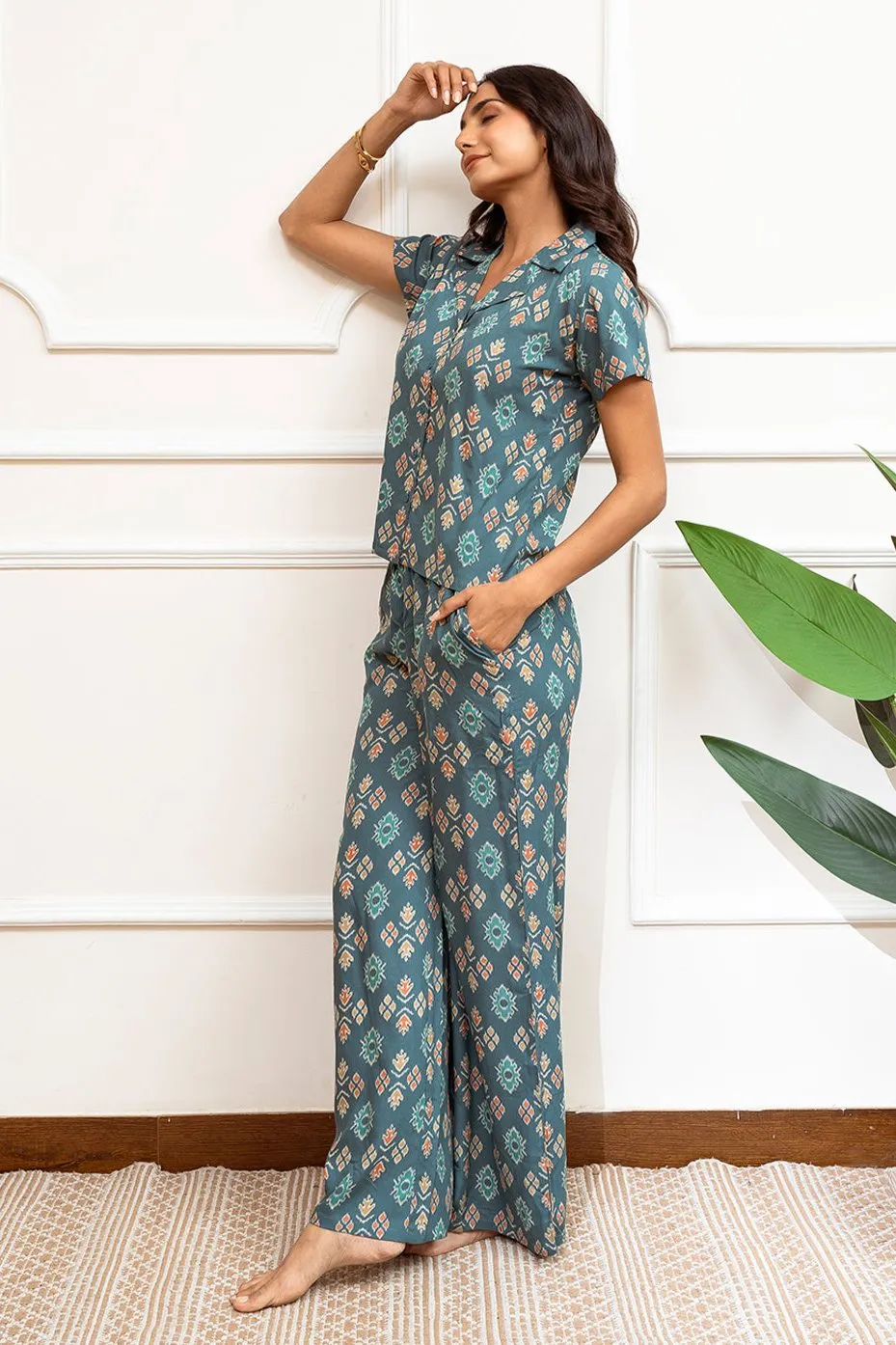 Green Abstract Printed Viscose Rayon Co-ord Set for Women | S-XL | Claura