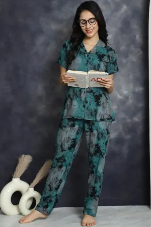 Green Abstract Printed Viscose Rayon Night Suit for Women | S-XXL | Claura