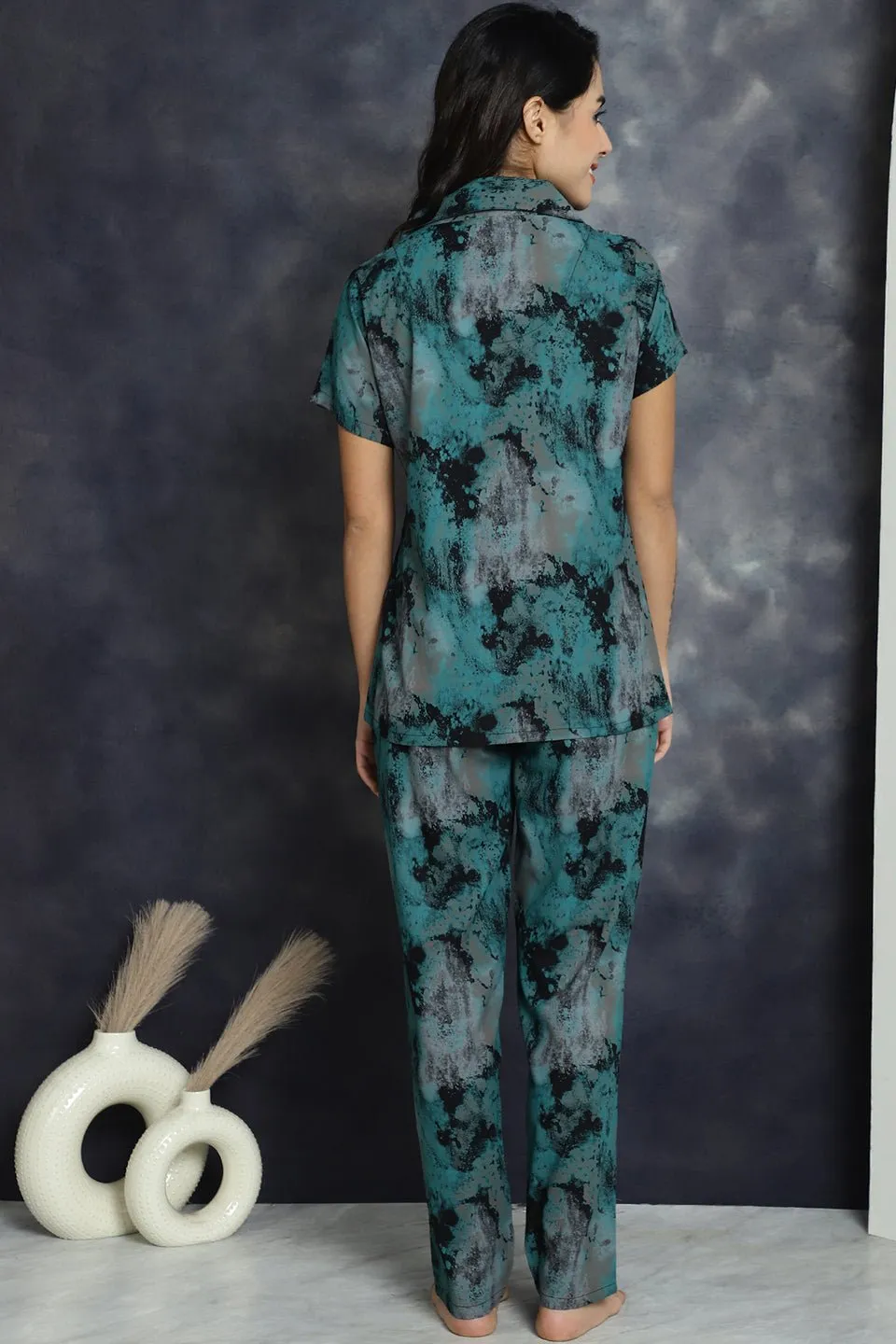 Green Abstract Printed Viscose Rayon Night Suit for Women | S-XXL | Claura