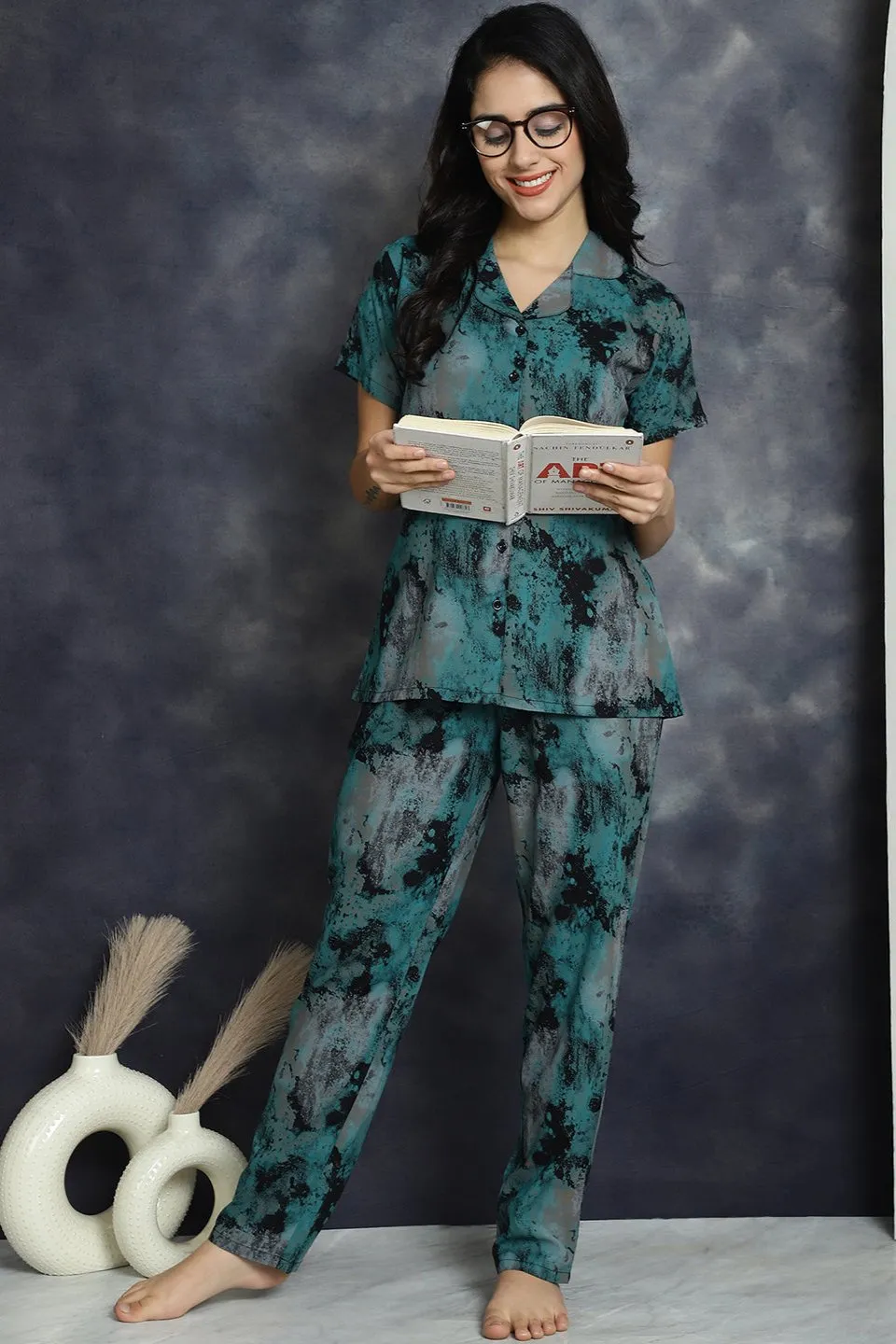 Green Abstract Printed Viscose Rayon Night Suit for Women | S-XXL | Claura