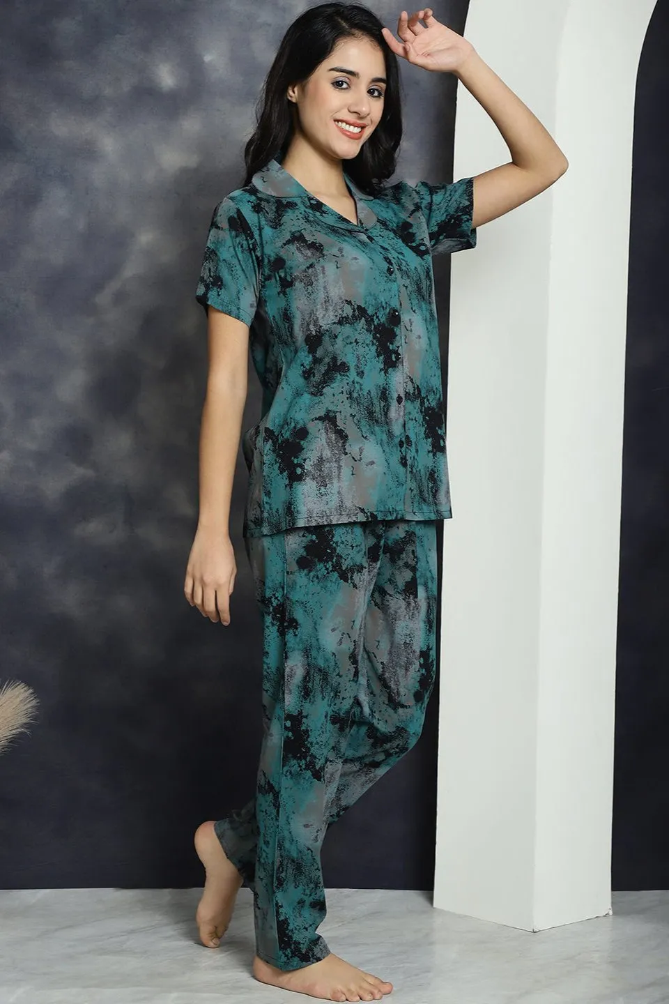 Green Abstract Printed Viscose Rayon Night Suit for Women | S-XXL | Claura