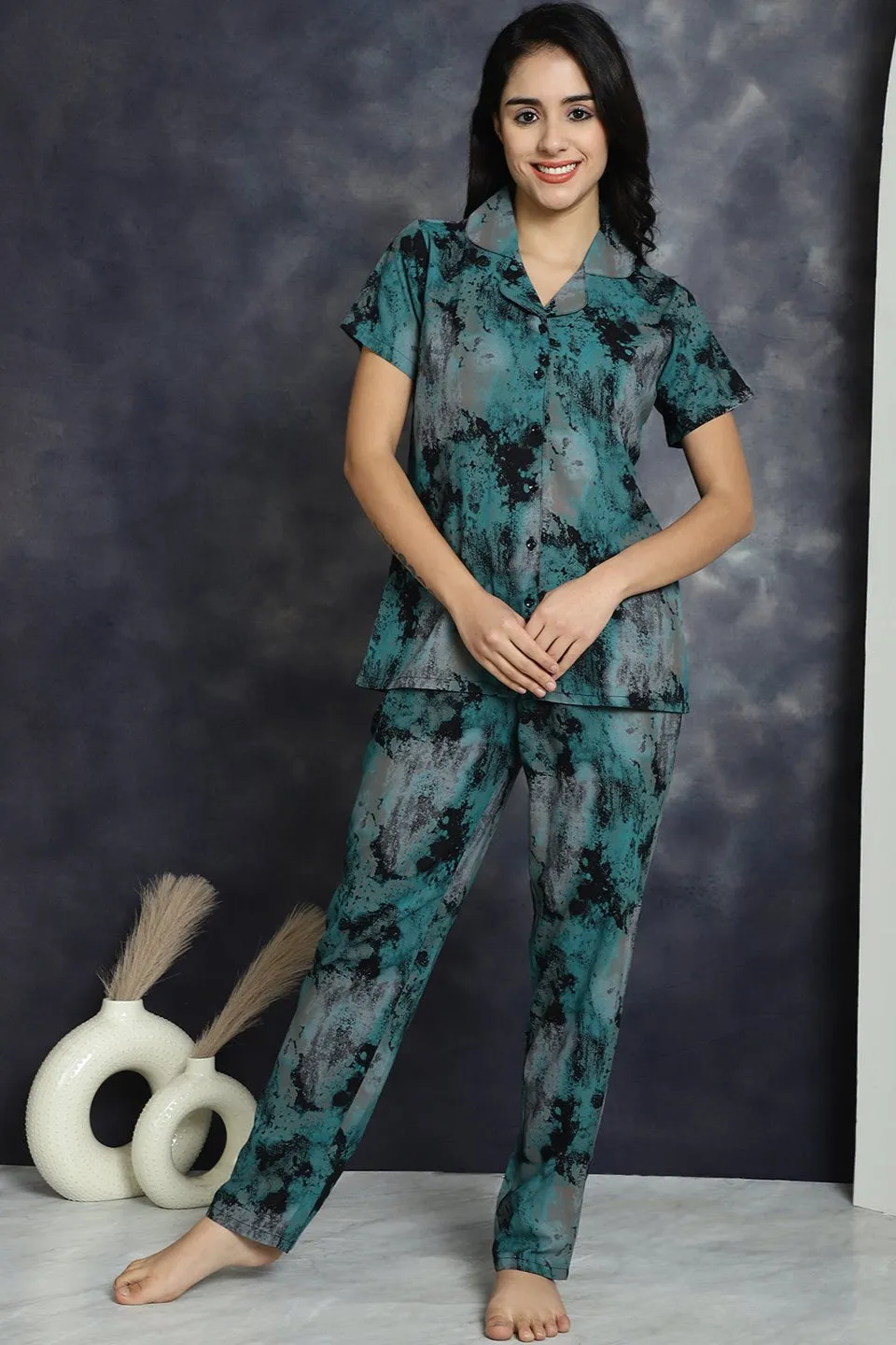 Green Abstract Printed Viscose Rayon Night Suit for Women | S-XXL | Claura