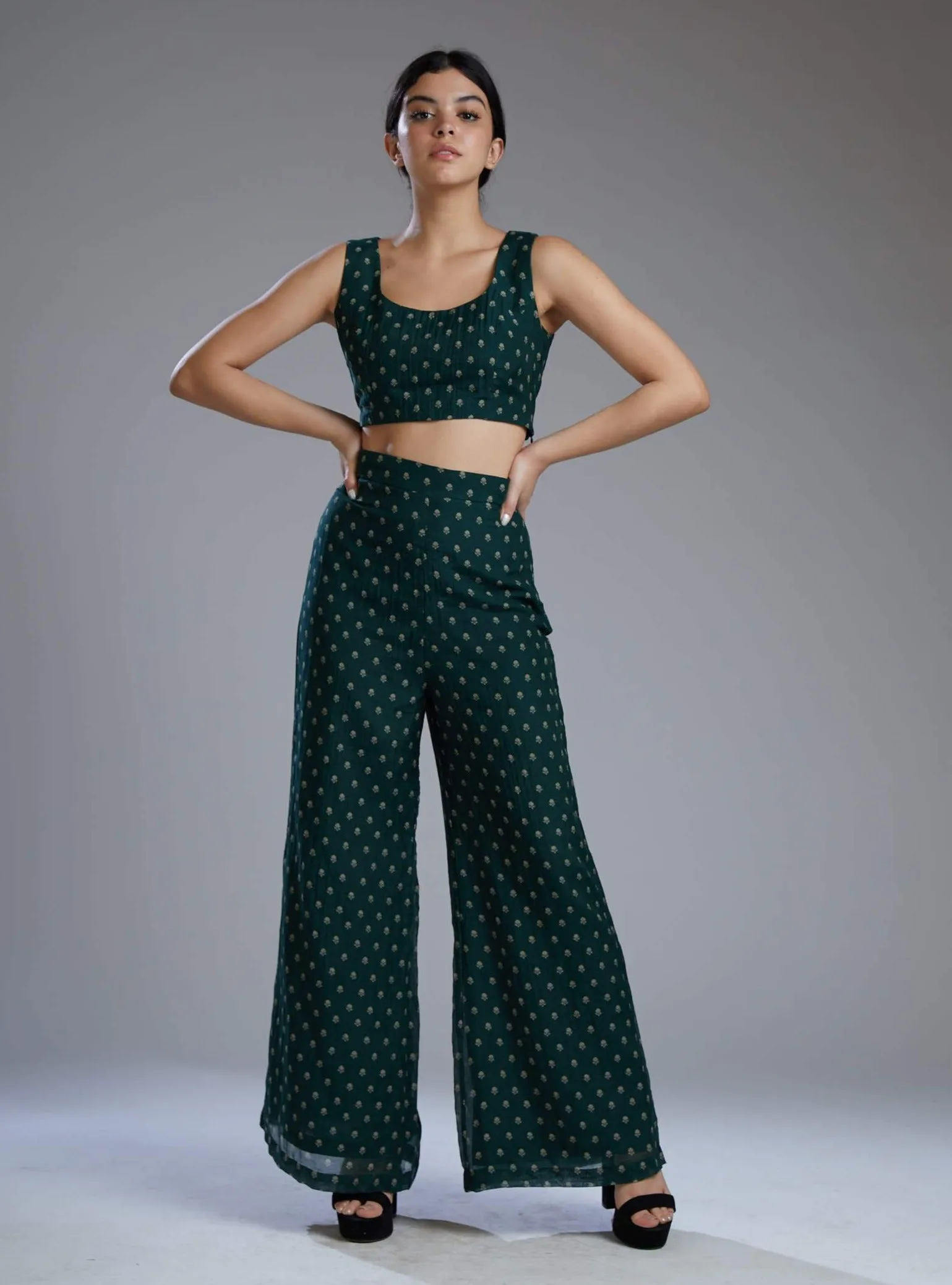 Green & Beige Polka Bustier With Shirt Set