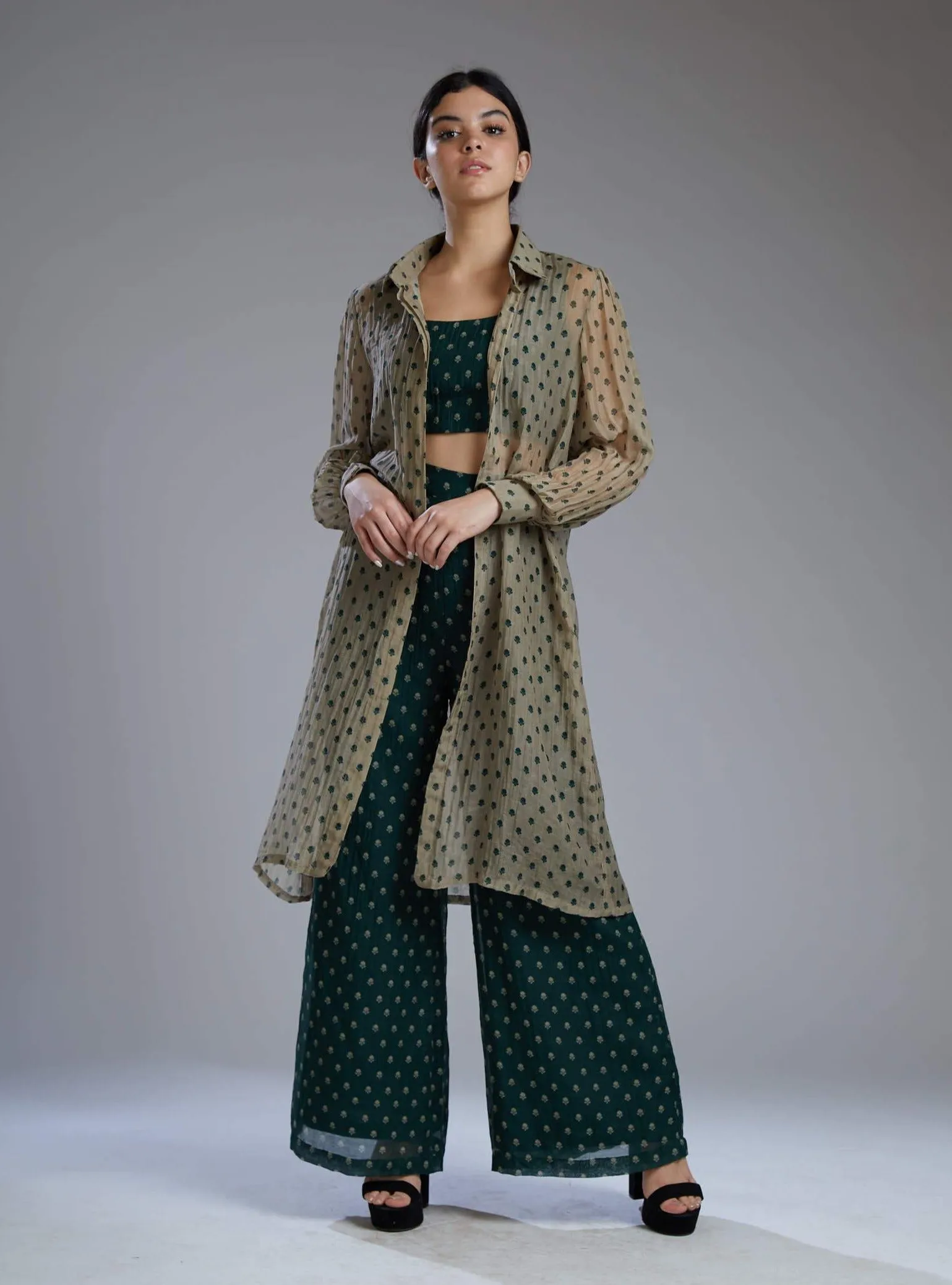 Green & Beige Polka Bustier With Shirt Set