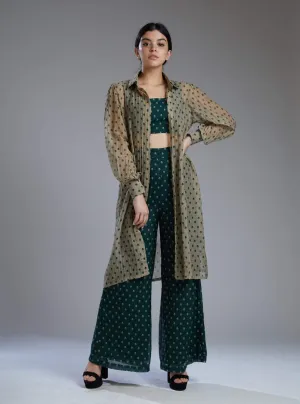 Green & Beige Polka Bustier With Shirt Set