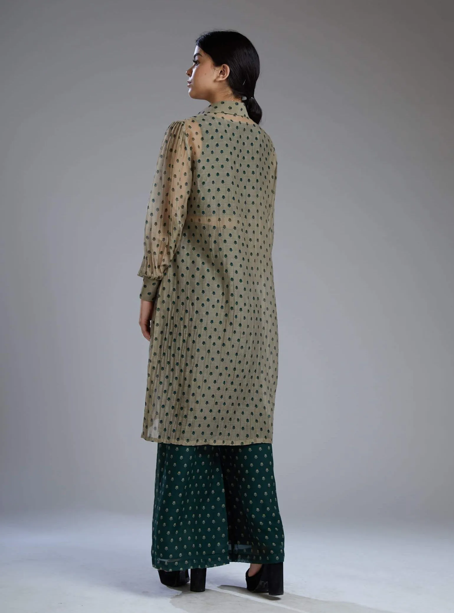 Green & Beige Polka Bustier With Shirt Set
