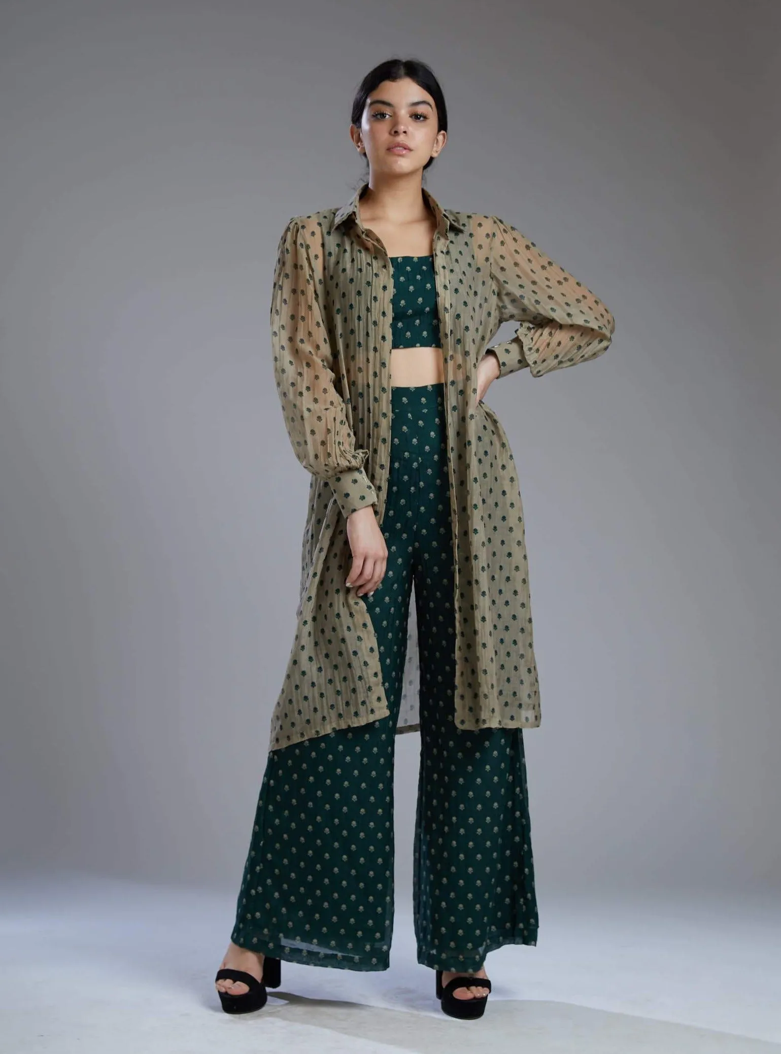 Green & Beige Polka Bustier With Shirt Set