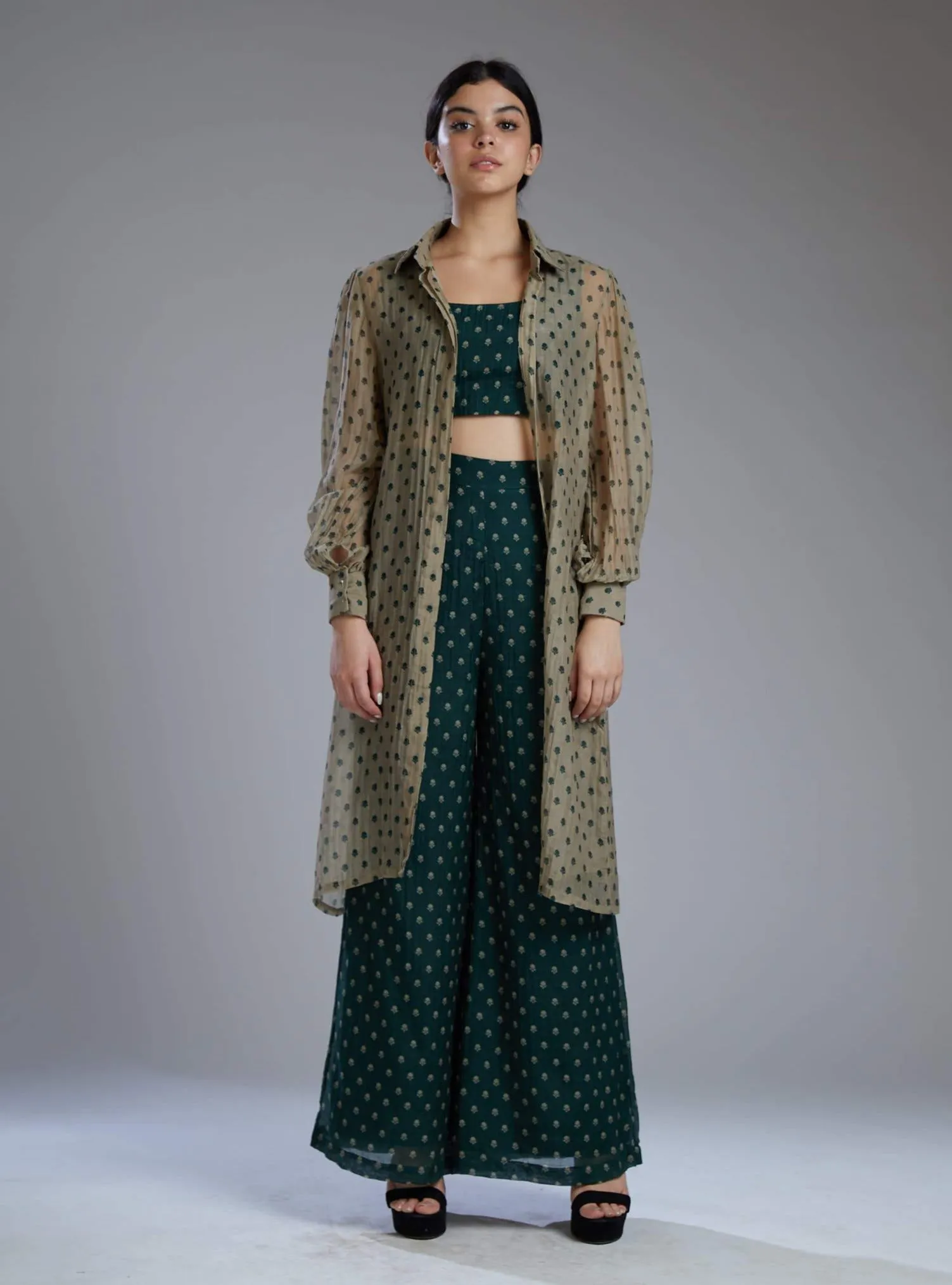 Green & Beige Polka Bustier With Shirt Set